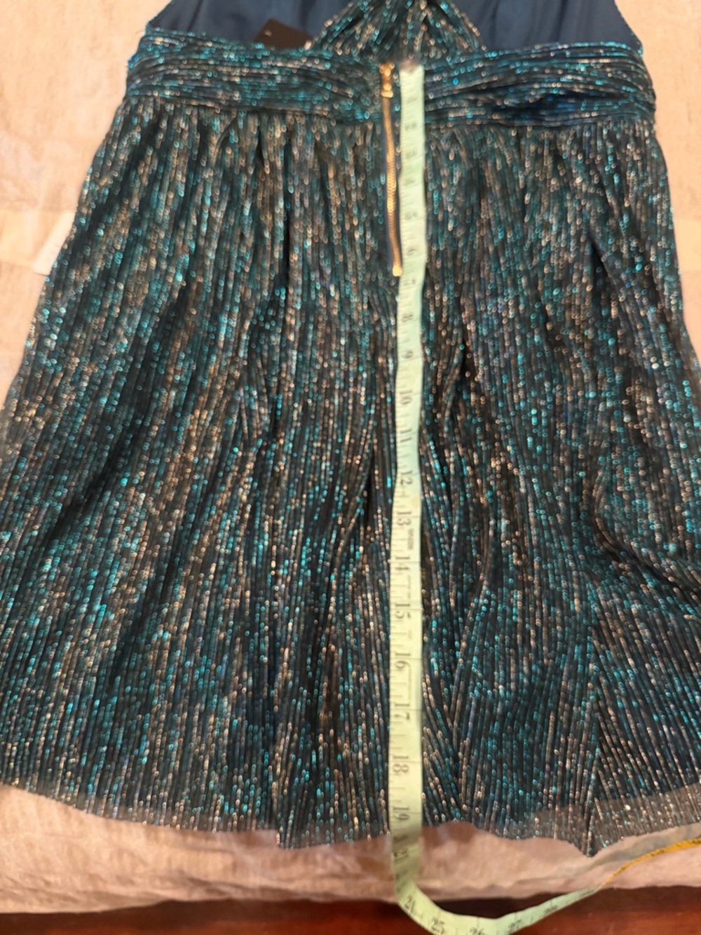 Lulu's Teal & Gold Shimmer Halter Dress - L - Picture 8 of 15